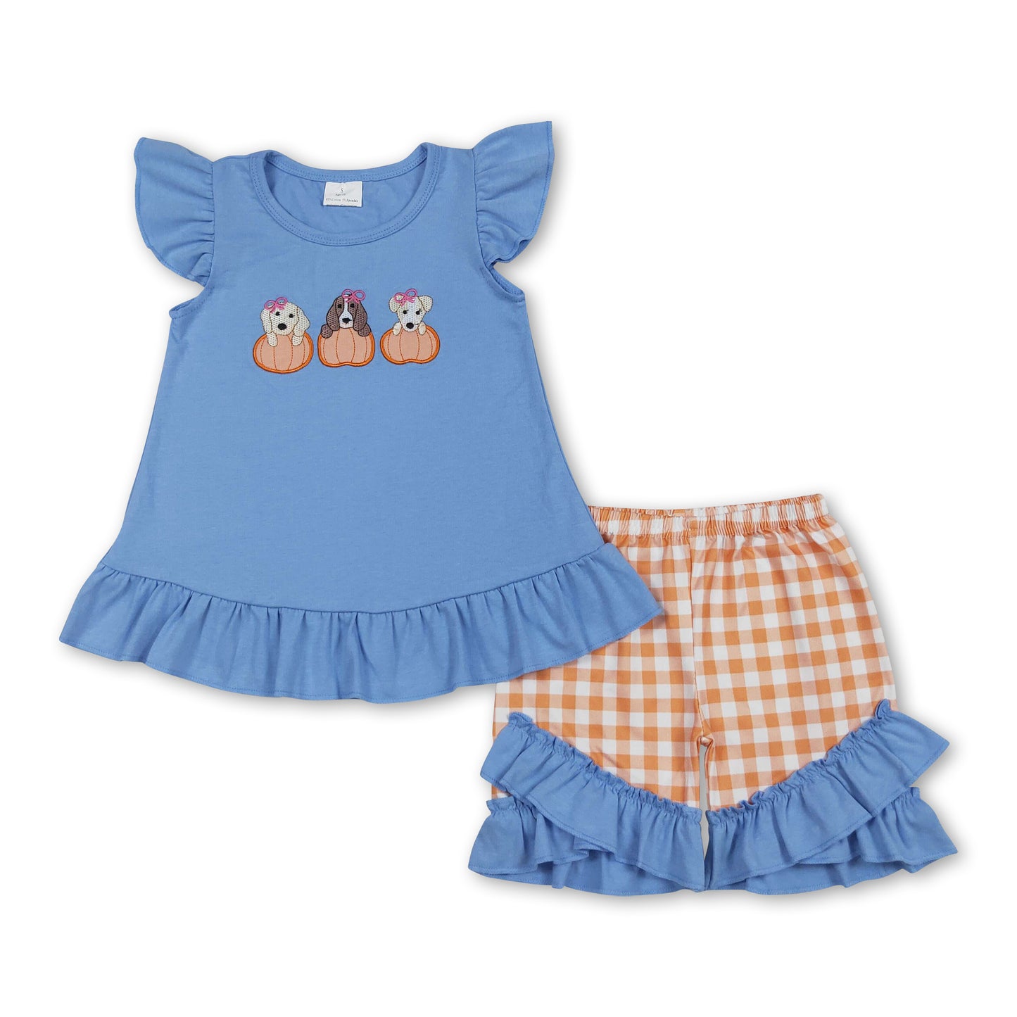 Flutter sleeves dog pumpkin top plaid shorts girls fall clothes