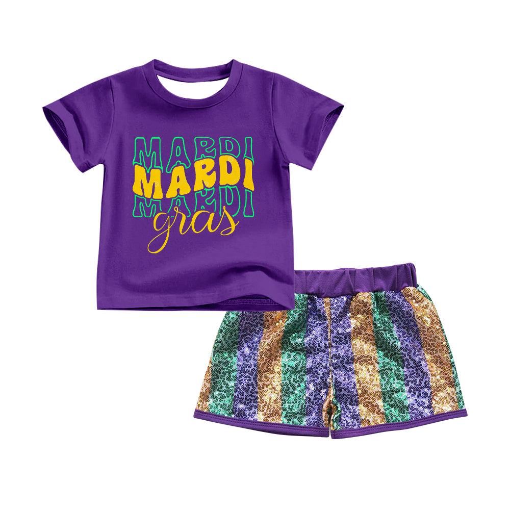 Short sleeves  purple mardi gras kids girl summer outfits