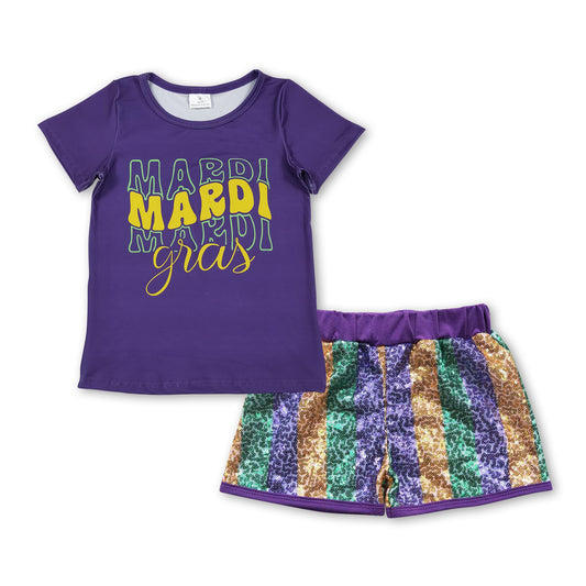 Purple Mardi Gras top stripe sequin shorts girls clothes