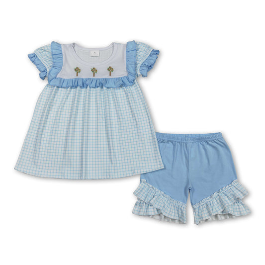 Short sleeves blue plaid tunic shorts girl cross Easter outfits