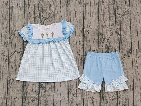 blue plaid print girl cross short sleeve set