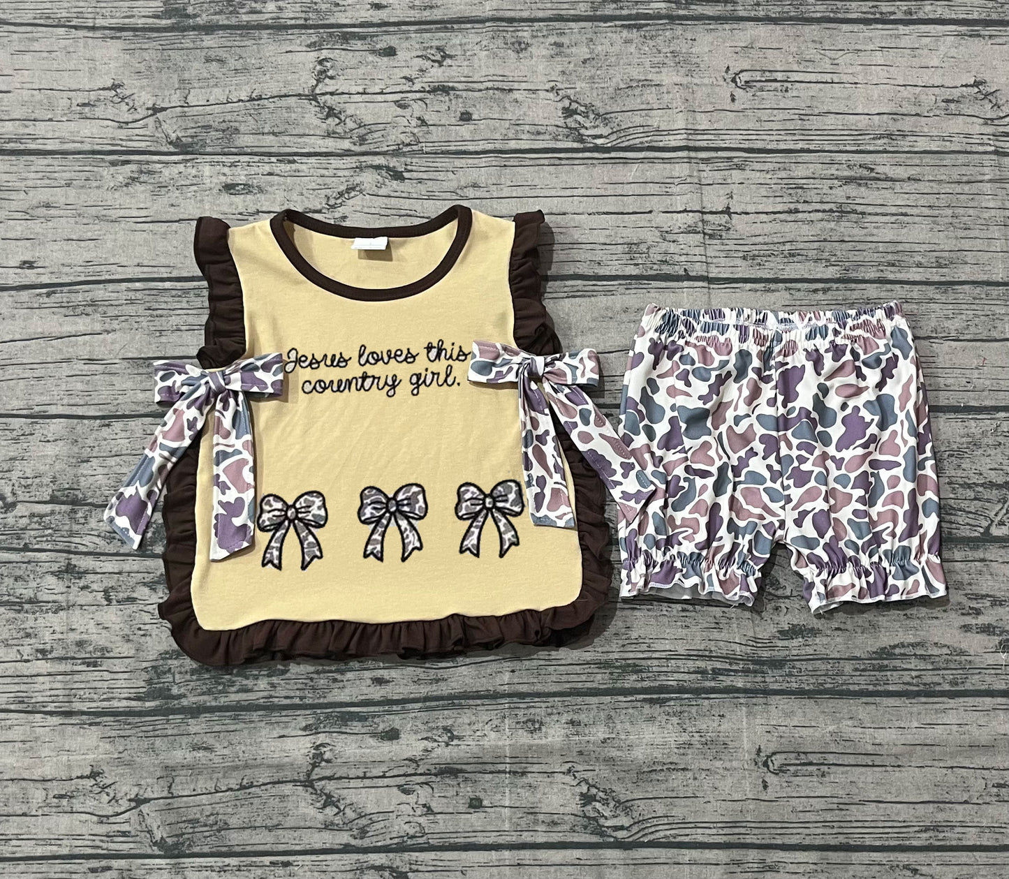 Jesus loves country girl camo bow top shorts toddler outfits