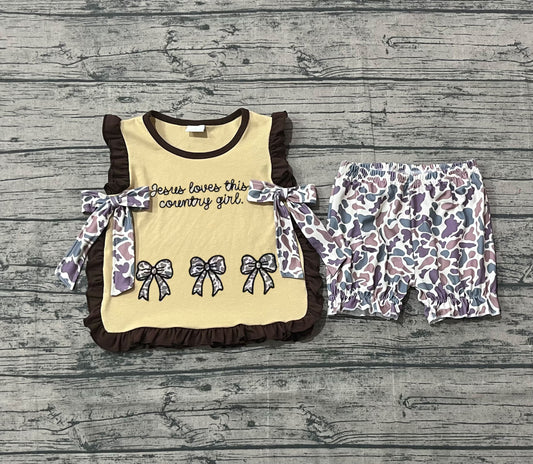 Jesus loves country girl camo bow top shorts toddler outfits