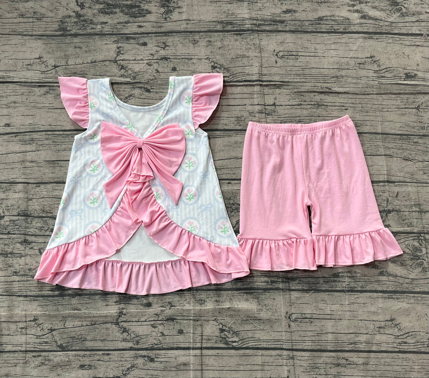 Flutter sleeves stripe bow floral top shorts girls clothes
