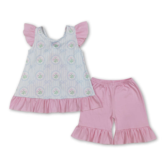 Flutter sleeves stripe bow floral top shorts girls clothes