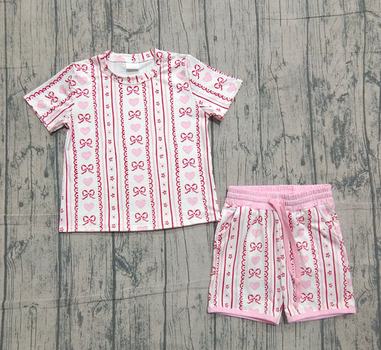 Pink heart bow floral top shorts girls Valentine's outfits