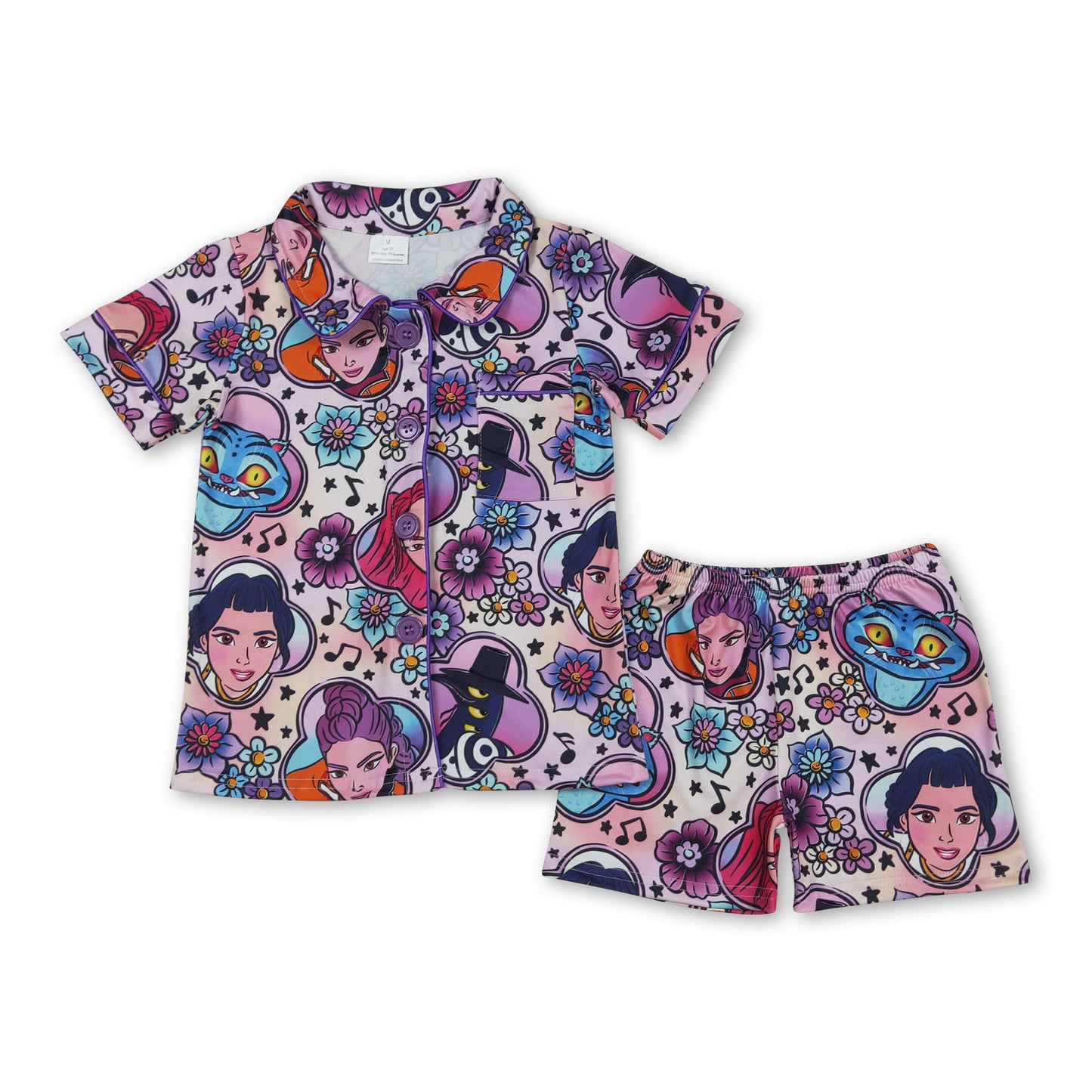Purple floral top shorts girls button down pajamas