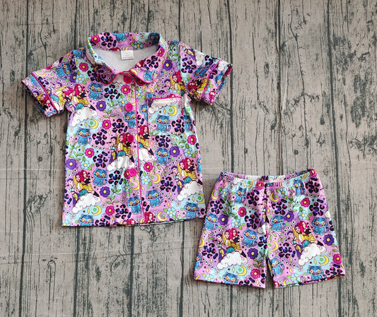 Colorful leopard floral music top shorts girls button down pajamas