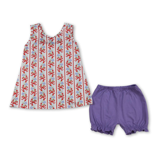 Sleeveless floral bow tunic purple shorts girls outfits