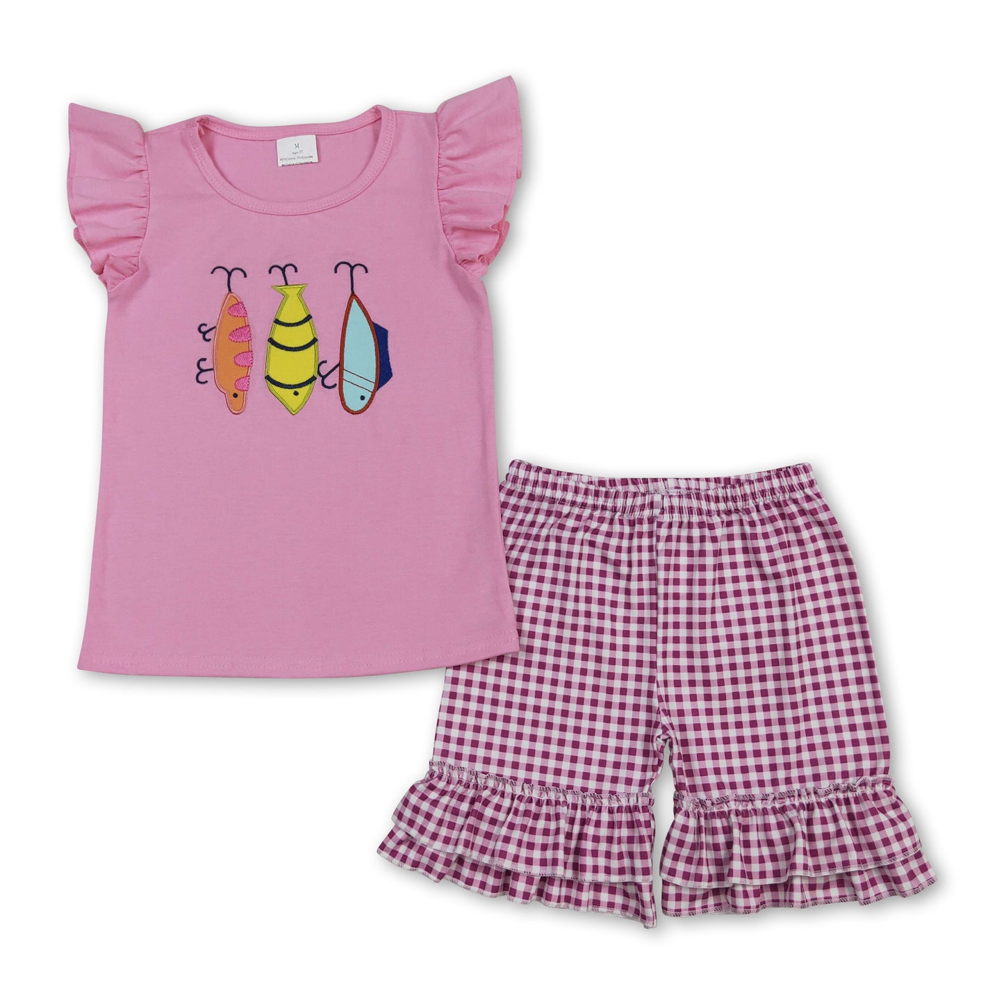 Short sleeves fishing top plaid shorts kids girls outfits