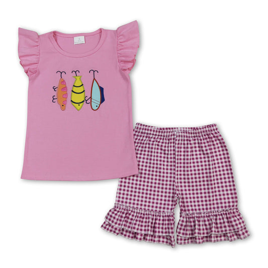 Short sleeves fishing top plaid shorts kids girls outfits