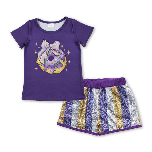 Purple bow donut top stripe sequin shorts girls Mardi Gras outfits