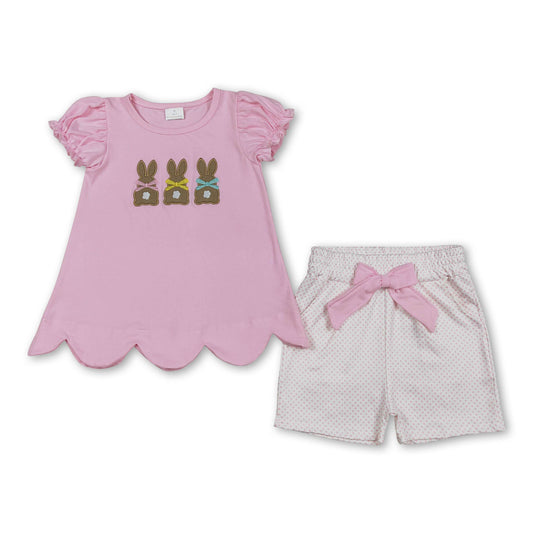 Pink short sleeves rabbit bow top shorts girls Easter clothes