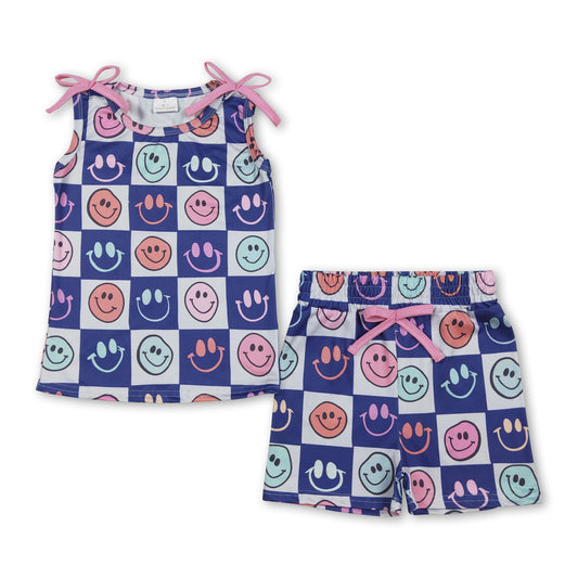 Sleeveless blue plaid smile top shorts girls clothing set