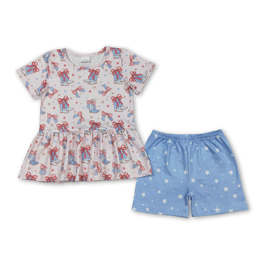 Short sleeves boots bow peplum shorts girls 4th of july set