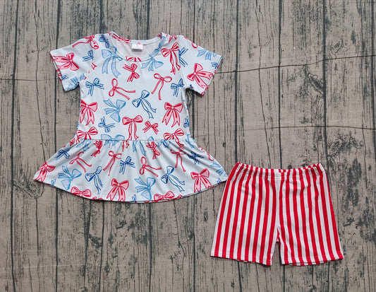 Red blue bow peplum stripe shorts girls 4th of july outfits