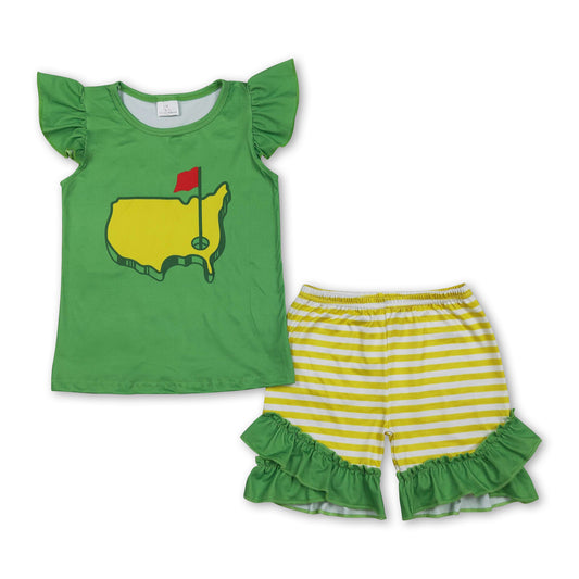 Flutter sleeves green golf top stripe shorts girls outfits