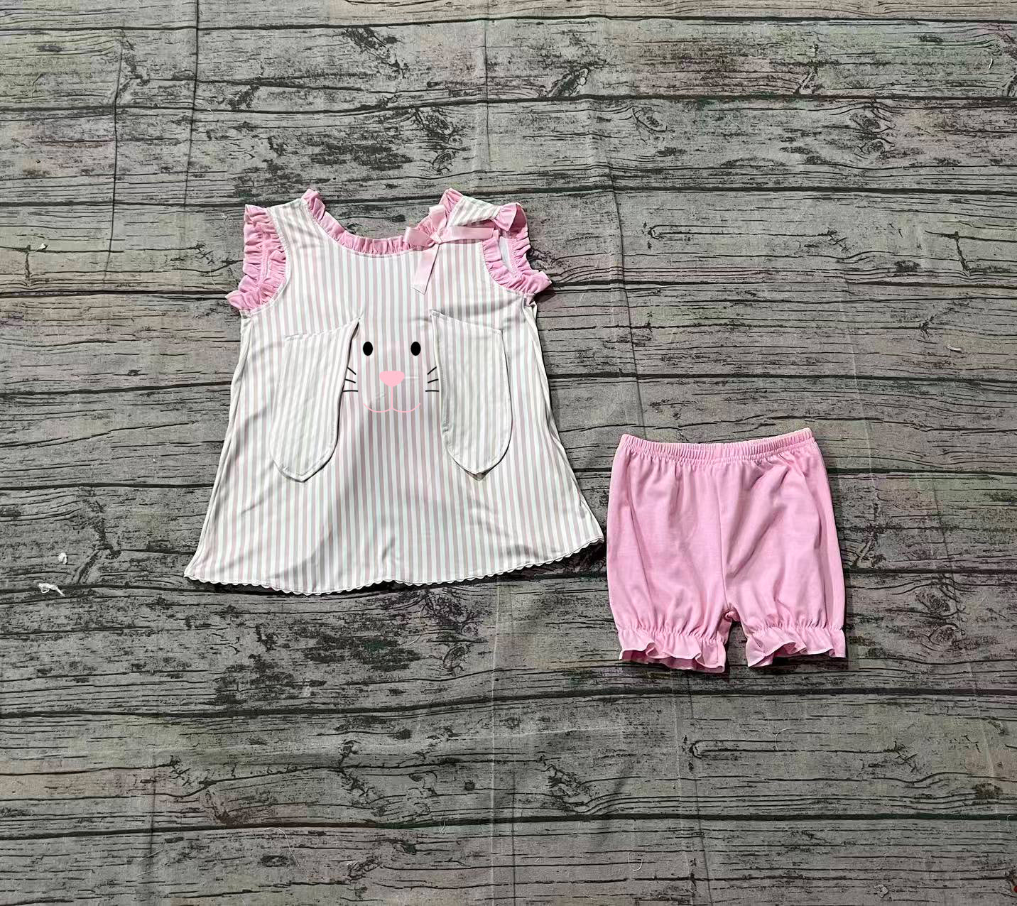 Stripe rabbit embroidery tunic shorts girls Easter outfits