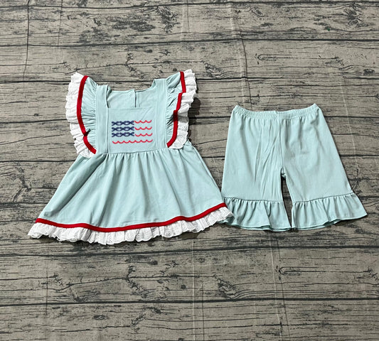 Flag embroidery tunic shorts girls 4th of july outfits