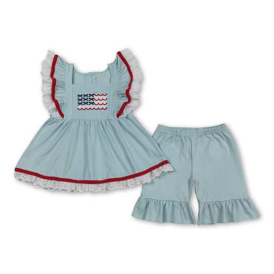 Flag embroidery tunic shorts girls 4th of july outfits