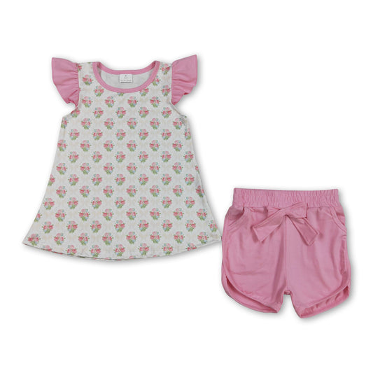 Flutter sleeves floral top pink cotton shorts girls outfits
