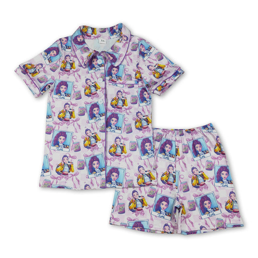 Short sleeves purple bow music women button down pajamas