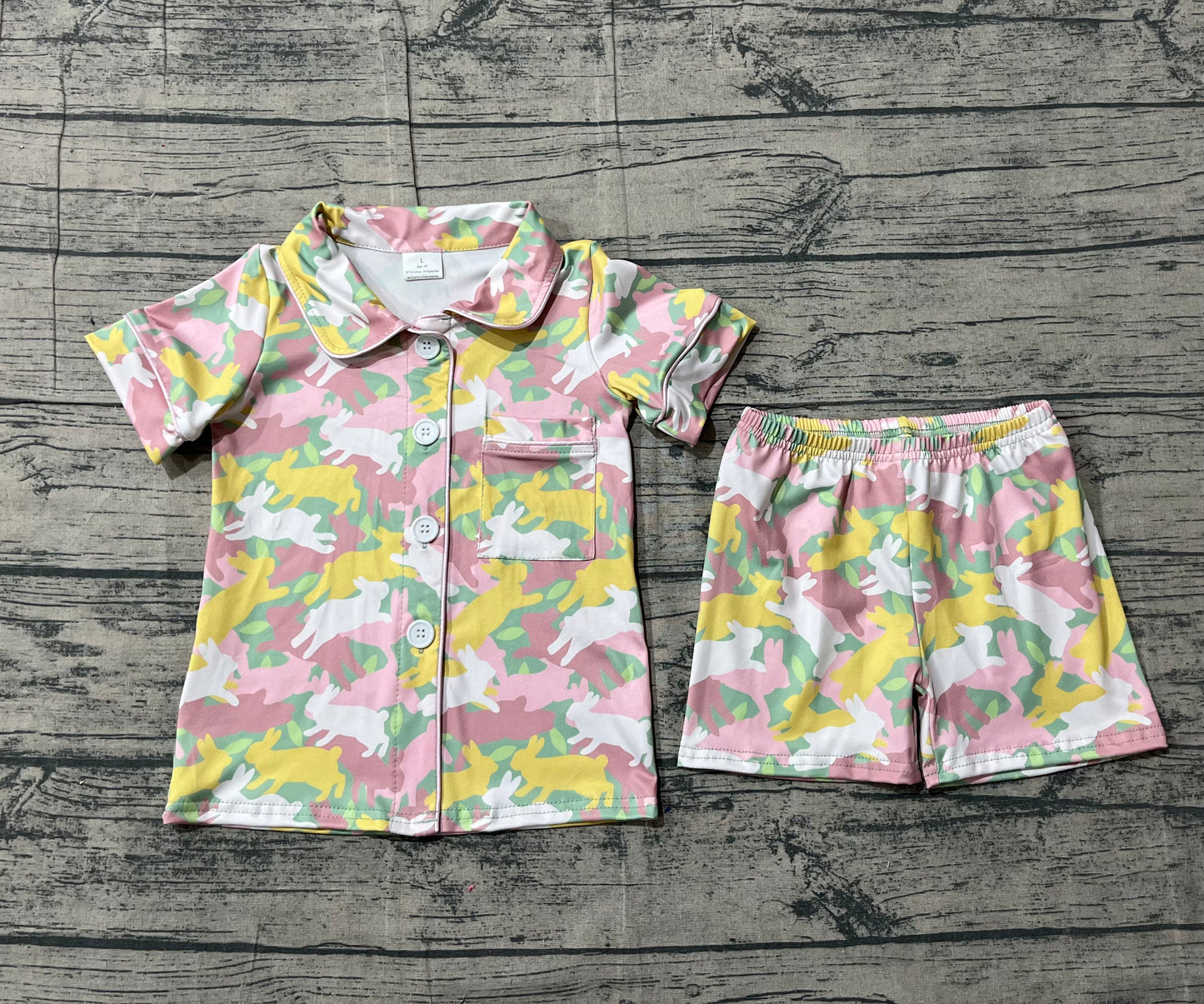 Short sleeves rabbit camo kids girls Easter button down pajamas