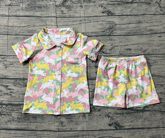 Short sleeves rabbit camo kids girls Easter button down pajamas