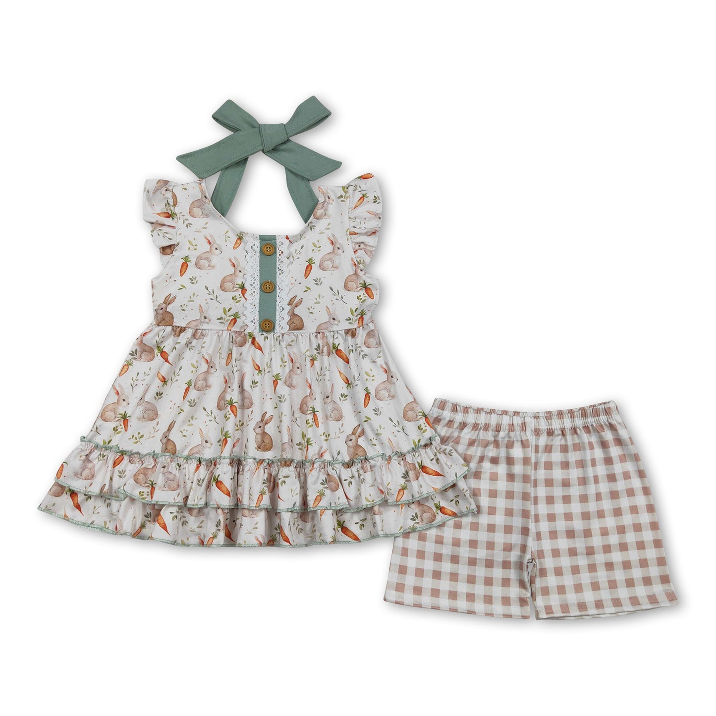 Flutter sleeves rabbit ruffle tunic shorts girls Easter set