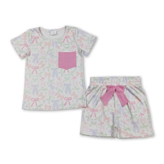 Short sleeves bows pink pocket top shorts girls outfits