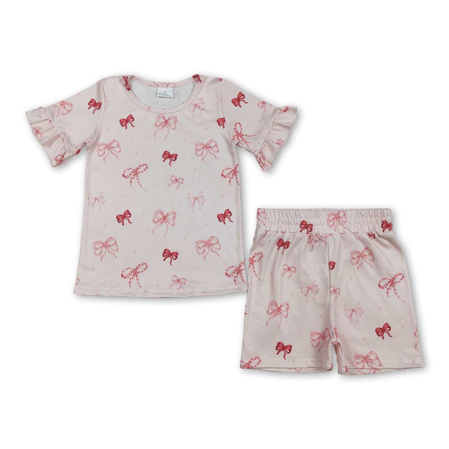 Ruffle short sleeves bow top shorts kids girls outfits