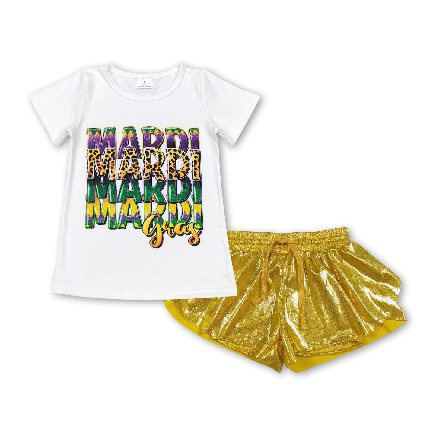 White leopard Mardi Gras top yellow shorts kids girls outfits
