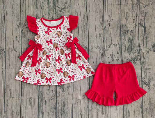 Flutter sleeves red bow baseball kids girls clothing set