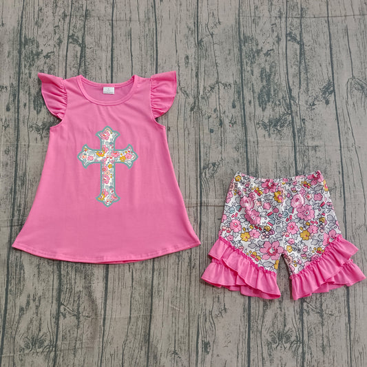 Flutter sleeves floral cross embroidery girls Easter outfits