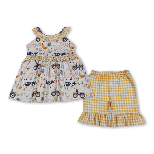 Sleeveless farm ruffle tunic yellow plaid shorts girls outfits