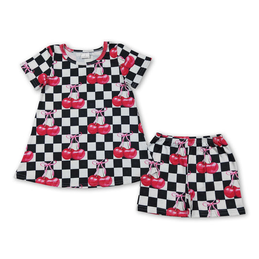 Short sleeves black plaid cherry top shorts girls outfits