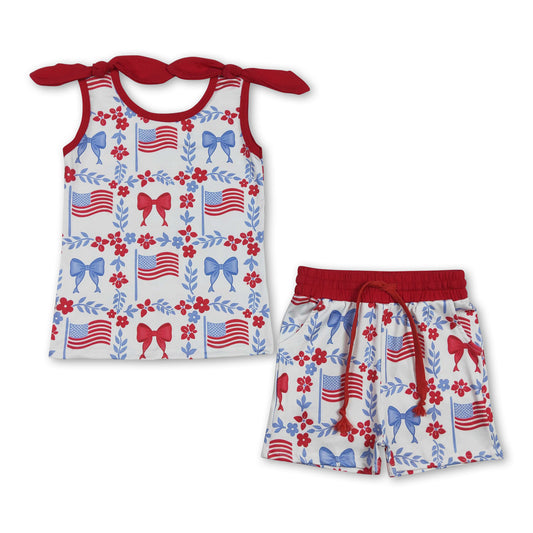 Sleeveless floral bow flag top shorts girls 4th of july outfits
