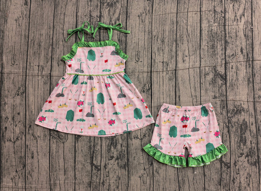 Straps pink plaid golf tunic shorts girls clothing set
