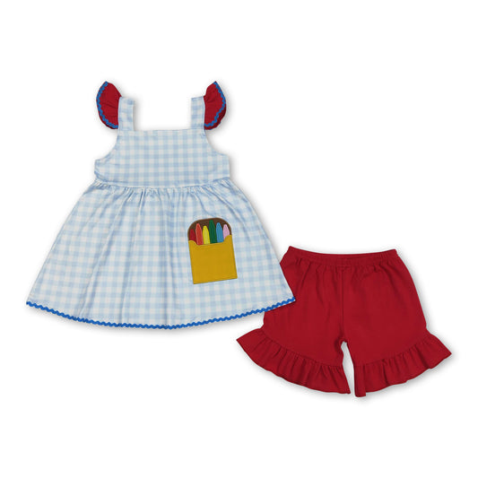 Plaid crayon embroidery tunic shorts girls back to school outfits