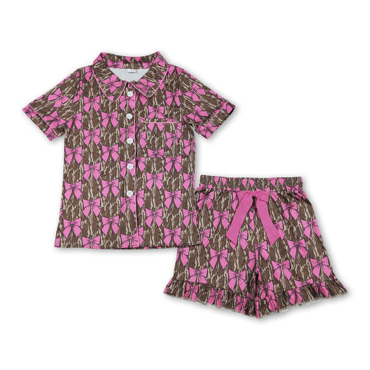 Short sleeves pink bow camo adult women button down pjs