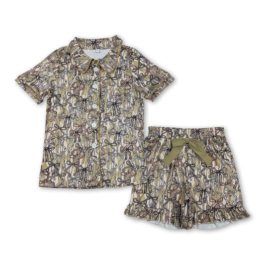 Short sleeves bow camo adult women button down pajamas