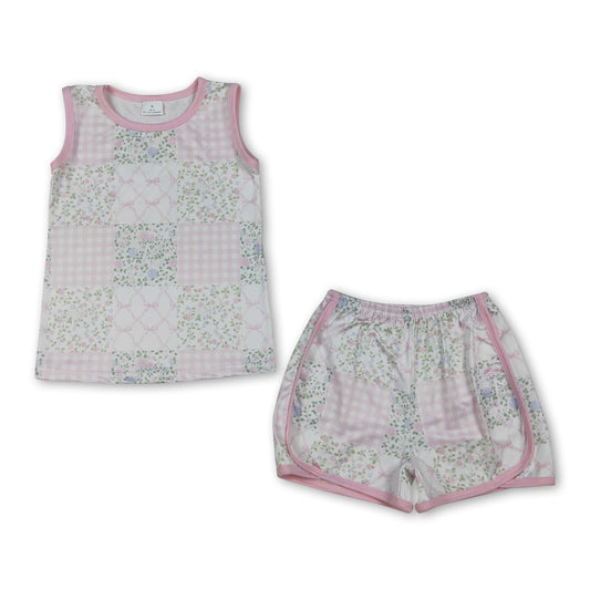 Sleeveless floral bow patchwork top shorts girls outfits