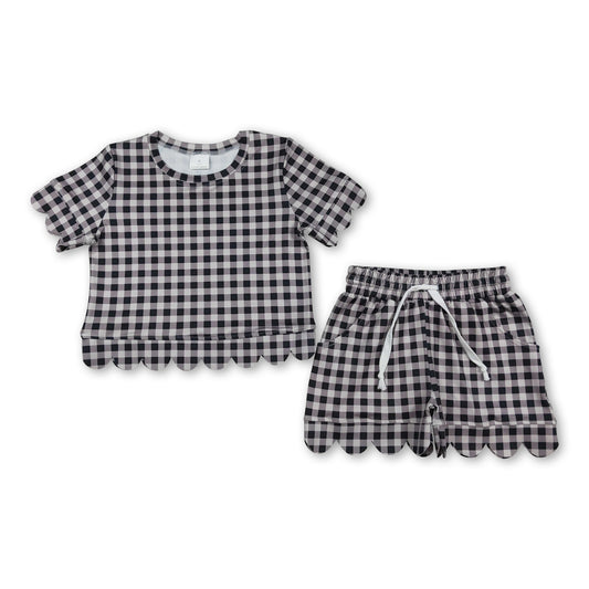 Black plaid scallop top shorts girls summer outfit