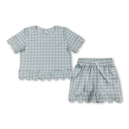 Sky blue plaid scallop top shorts girls summer outfit