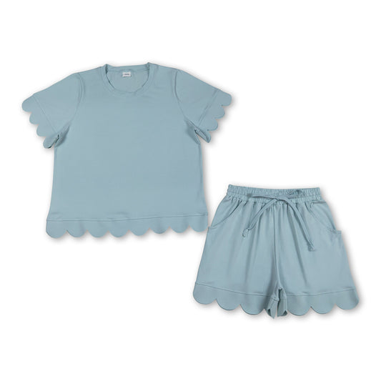 Sky blue scallop top shorts adult women summer outfits