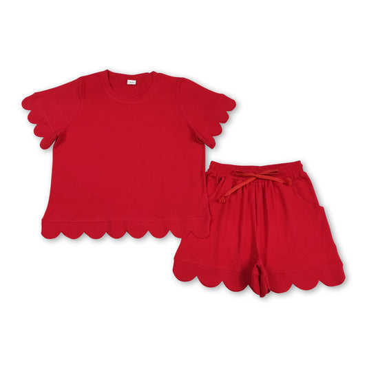 Red scallop top shorts adult women summer outfits
