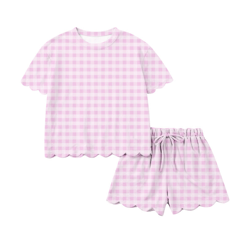 Pink plaid scallop top shorts adult women summer outfits