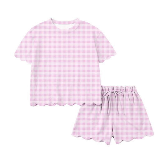 Pink plaid scallop top shorts adult women summer outfits