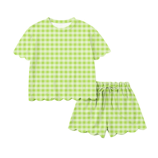 Lime green plaid scallop top shorts women summer outfits