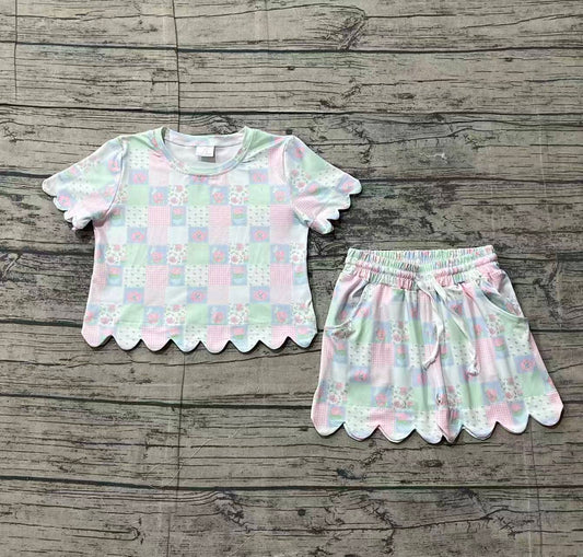Short sleeves floral plaid scallop kids girls summer outfits